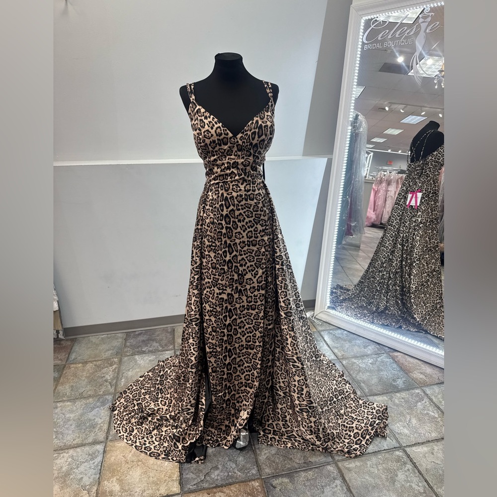 Mori Lee Leopard Print Dress with black lining. 
Red carpet, prom